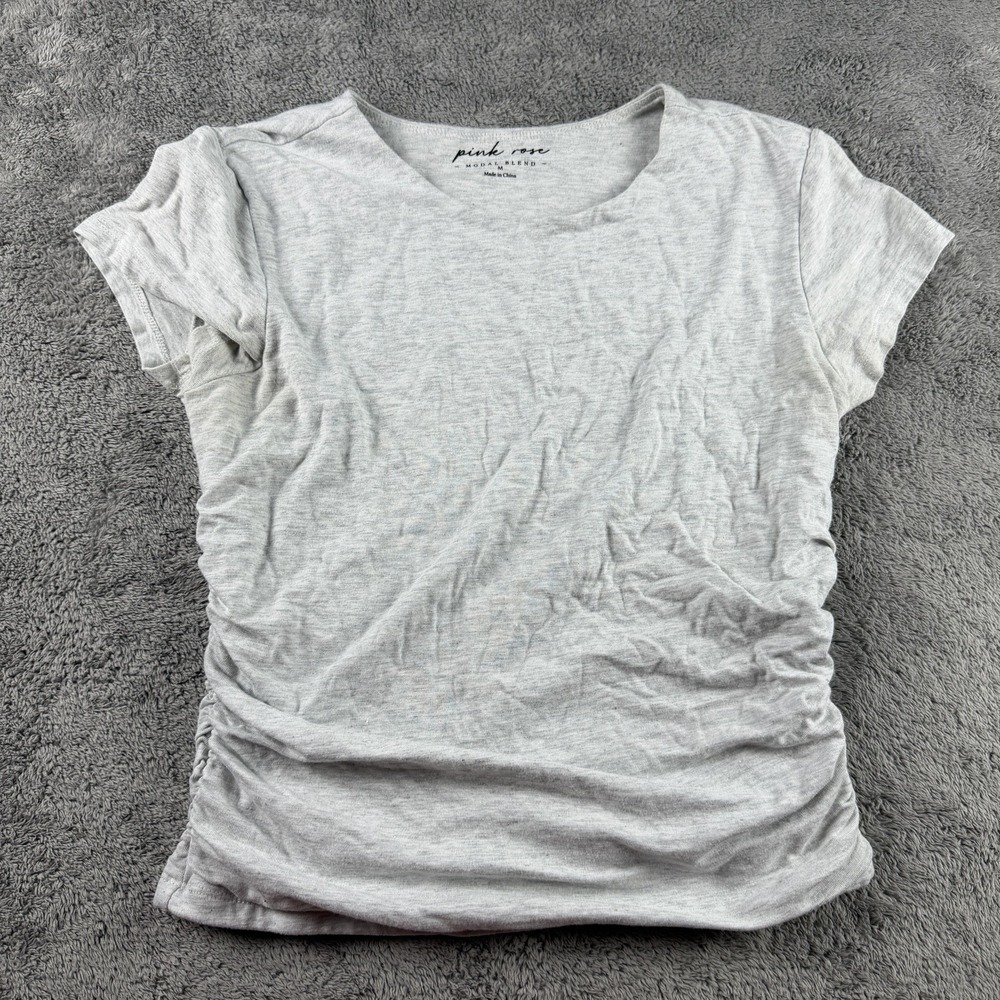 Pink Rose Modal Blend Ruched Top Womens Medium Gray Short Sleeve